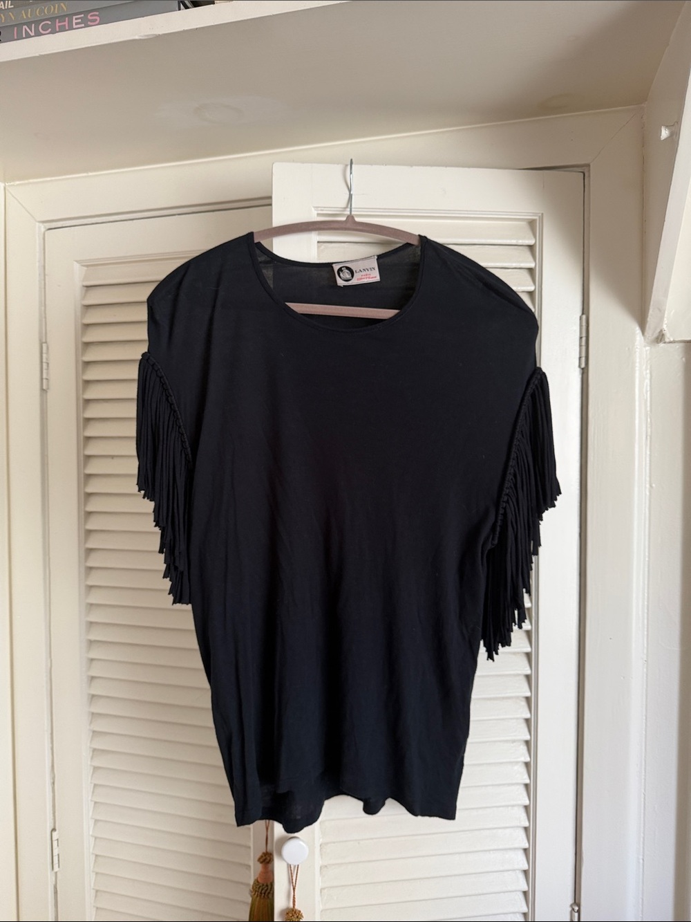 Lanvin Black Short-Sleeve Top with Fringe Detail